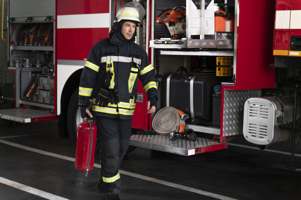 firefighter with gear on by firetruck